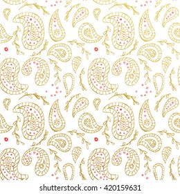 Ouro brilhante abstrato Paisley padrão. Textura de Paisley sem costura com ouro sobre fundo branco