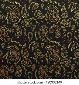Gold glittering abstract Paisley pattern. Seamless Paisley texture with gold on black background