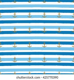 Gold glittering anchor seamless pattern on  the sea  striped background