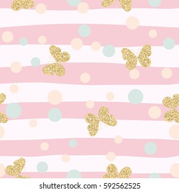 Gold glittering butterflies confetti seamless pattern on pink striped background.Vector illustration.