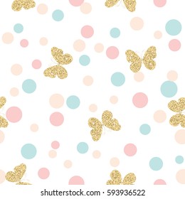 Gold glittering butterflies seamless pattern on pastel colors confetti round dots background. Vector illustration.