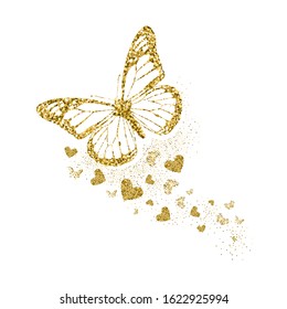 Gold glittering butterfly with hearts. Beautiful golden silhouettes on white background. For Valentines day, wedding invitations, cards, branding, label, banner, concept design. Vector illustration.