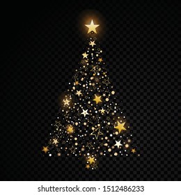 Gold glittering christmas tree star dust sparkling particles on transparent Vector glamour fashion illustration