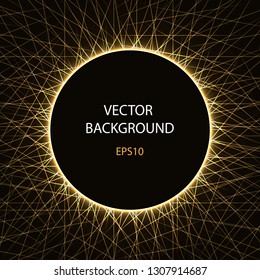 Gold glittering circle frame with lines on black background.