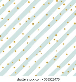 Gold glittering confetti seamless pattern on diagonal striped background