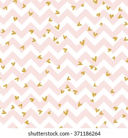 Gold glittering confetti seamless pattern on stripe chevron background