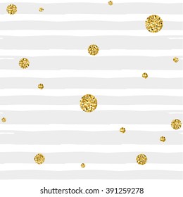 Gold glittering confetti seamless pattern on gray stripe background