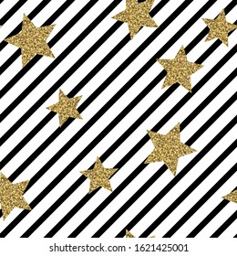 Gold glittering confetti stars seamless pattern. Gold stars vector background. Golden foil star confetti. Blue and white stripes. Christmas glitter design decoration.