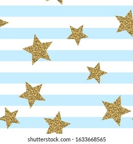 Gold glittering confetti stars seamless pattern. Gold stars vector background. Golden foil star confetti. Blue and white stripes. Christmas glitter design decoration.