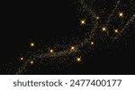 Gold glittering confetti wave and stardust. Backdrop with golden magical sparkles on dark background. Vector illustration