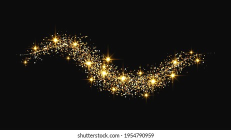 Gold glittering confetti wave and stardust. Golden magical sparkles on dark background. Vector illustration