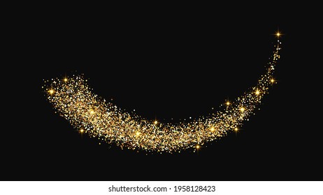 Gold glittering confetti wave and stardust. Golden magical sparkles on dark background. Vector illustration