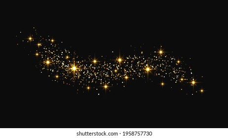 Gold glittering confetti wave and stardust. Golden magical sparkles on dark background. Vector illustration
