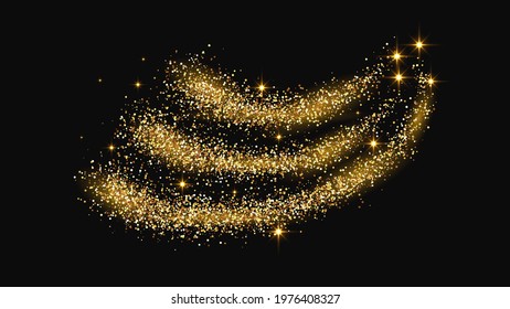 Gold glittering confetti wave and stardust. Golden magical sparkles on dark background. Vector illustration