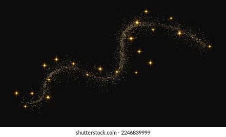 Gold glittering confetti wave and stardust. Golden magical sparkles on dark background. Vector illustration