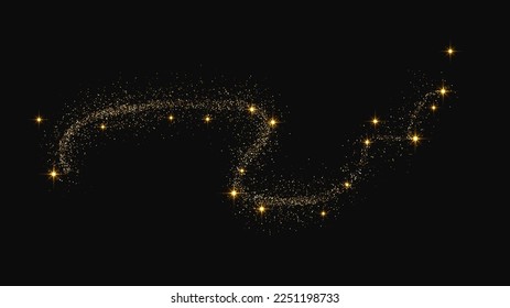 Gold glittering confetti wave and stardust. Golden magical sparkles on dark background. Vector illustration