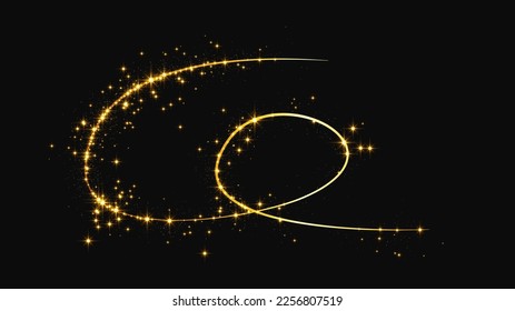 Gold glittering confetti wave and stardust. Golden magical sparkles on dark background. Vector illustration