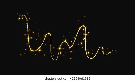 Gold glittering confetti wave and stardust. Golden magical sparkles on dark background. Vector illustration
