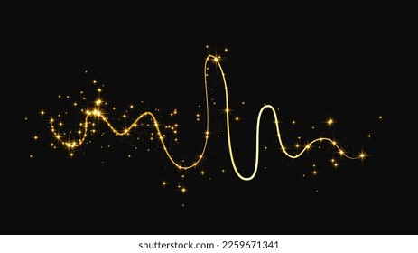 Gold glittering confetti wave and stardust. Golden magical sparkles on dark background. Vector illustration