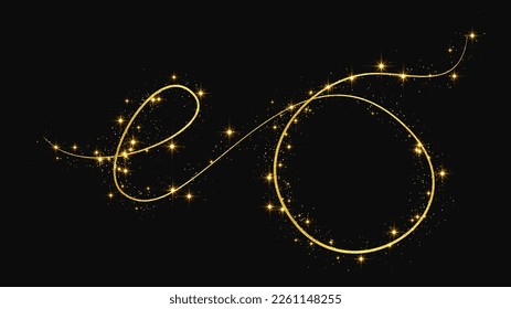 Gold glittering confetti wave and stardust. Golden magical sparkles on dark background. Vector illustration