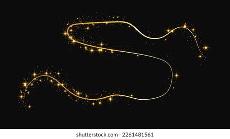 Gold glittering confetti wave and stardust. Golden magical sparkles on dark background. Vector illustration