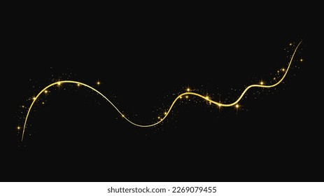 Oro reluciente ola de confeti y polvo de estrellas. El oro mágico destella sobre el fondo oscuro. Ilustración del vector