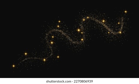 Gold glitzernde Konfetti Welle und Stardust. Goldene magische Funken auf dunklem Hintergrund. Vektorgrafik