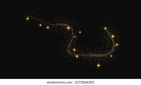 Gold glitzernde Konfetti Welle und Stardust. Goldene magische Funken auf dunklem Hintergrund. Vektorgrafik