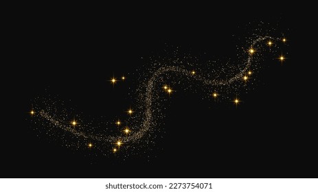 Gold glittering confetti wave and stardust. Golden magical sparkles on dark background. Vector illustration