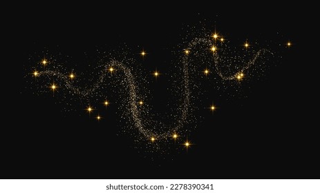 Gold glittering confetti wave and stardust. Golden magical sparkles on dark background. Vector illustration