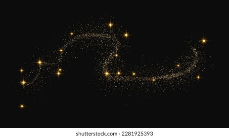 Oro reluciente ola de confeti y polvo de estrellas. El oro mágico destella sobre el fondo oscuro. Ilustración del vector
