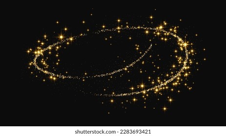 Gold glittering confetti wave and stardust. Golden magical sparkles on dark background. Vector illustration