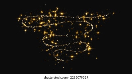 Gold glitzernde Konfetti Welle und Stardust. Goldene magische Funken auf dunklem Hintergrund. Vektorgrafik