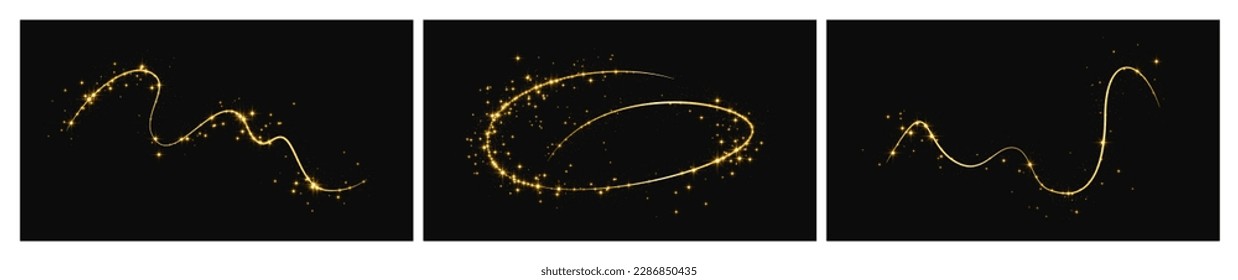 Gold glittering confetti wave and stardust. Set of three backdrops with golden magical sparkles on dark background. Vector illustration
