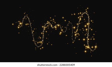 Gold glittering confetti wave and stardust. Golden magical sparkles on dark background. Vector illustration