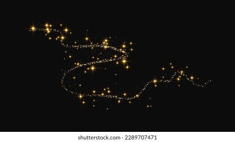 Gold glittering confetti wave and stardust. Golden magical sparkles on dark background. Vector illustration