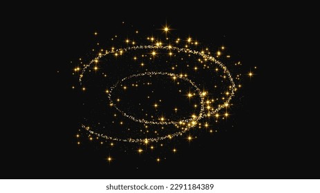 Oro reluciente ola de confeti y polvo de estrellas. El oro mágico destella sobre el fondo oscuro. Ilustración del vector