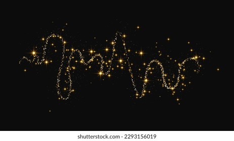 Gold glittering confetti wave and stardust. Golden magical sparkles on dark background. Vector illustration