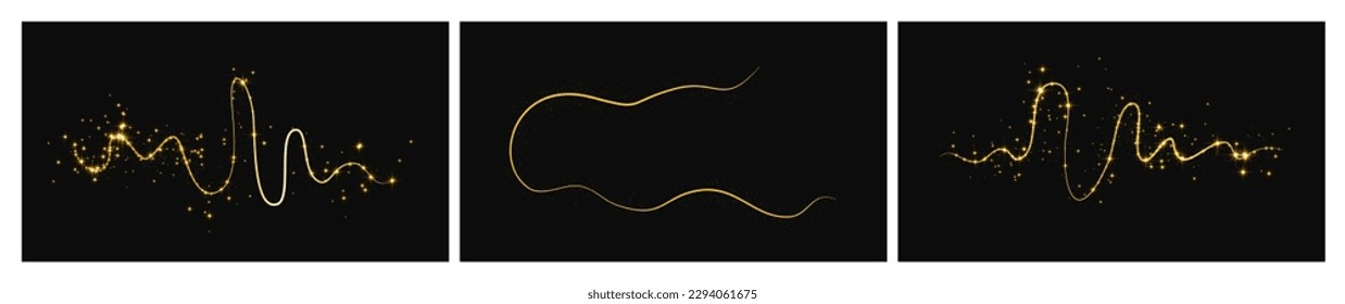 Gold glittering confetti wave and stardust. Set of three backdrops with golden magical sparkles on dark background. Vector illustration