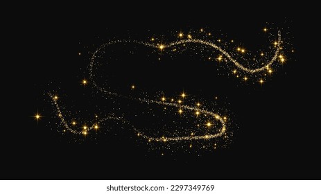 Gold glittering confetti wave and stardust. Golden magical sparkles on dark background. Vector illustration