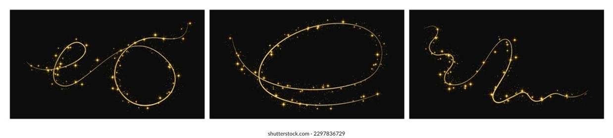 Gold glittering confetti wave and stardust. Set of three backdrops with golden magical sparkles on dark background. Vector illustration