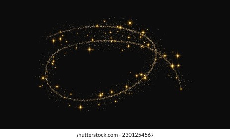 Gold glittering confetti wave and stardust. Golden magical sparkles on dark background. Vector illustration