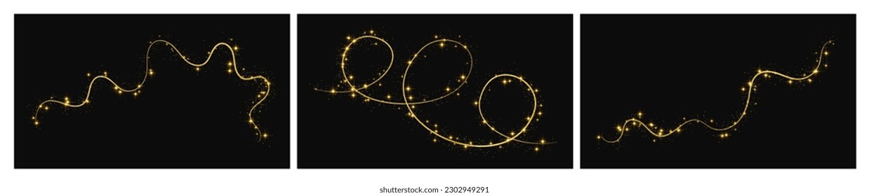 Gold glittering confetti wave and stardust. Set of three backdrops with golden magical sparkles on dark background. Vector illustration