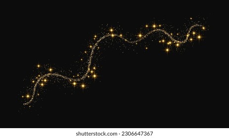 Oro reluciente ola de confeti y polvo de estrellas. El oro mágico destella sobre el fondo oscuro. Ilustración del vector