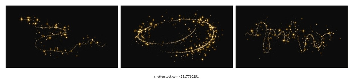 Oro reluciente ola de confeti y polvo de estrellas. Conjunto de tres telarañas con brillantes mágicos dorados sobre fondo oscuro. Ilustración del vector