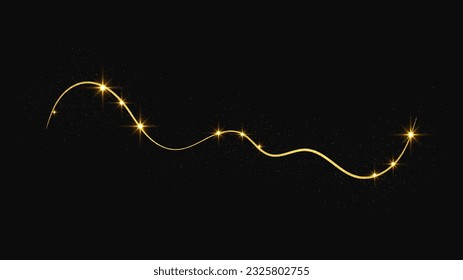 Gold glittering confetti wave and stardust. Golden magical sparkles on dark background. Vector illustration