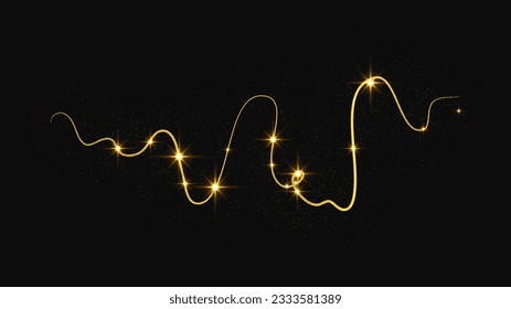 Gold glittering confetti wave and stardust. Golden magical sparkles on dark background. Vector illustration