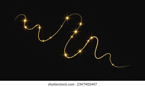 Gold glittering confetti wave and stardust. Golden magical sparkles on dark background. Vector illustration