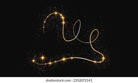 Vague de confettis et poussière d'étoile glacées d'or. Étincelles magiques dorées sur fond noir. Illustration vectorielle