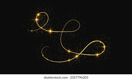 Gold glittering confetti wave and stardust. Golden magical sparkles on dark background. Vector illustration